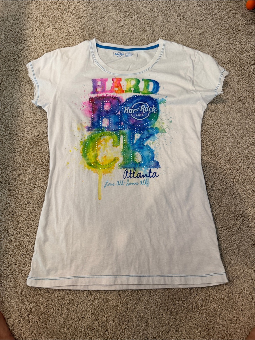 Hard Rock Cafe White Tee with Crystal Rainbow Paint-Drip Logo